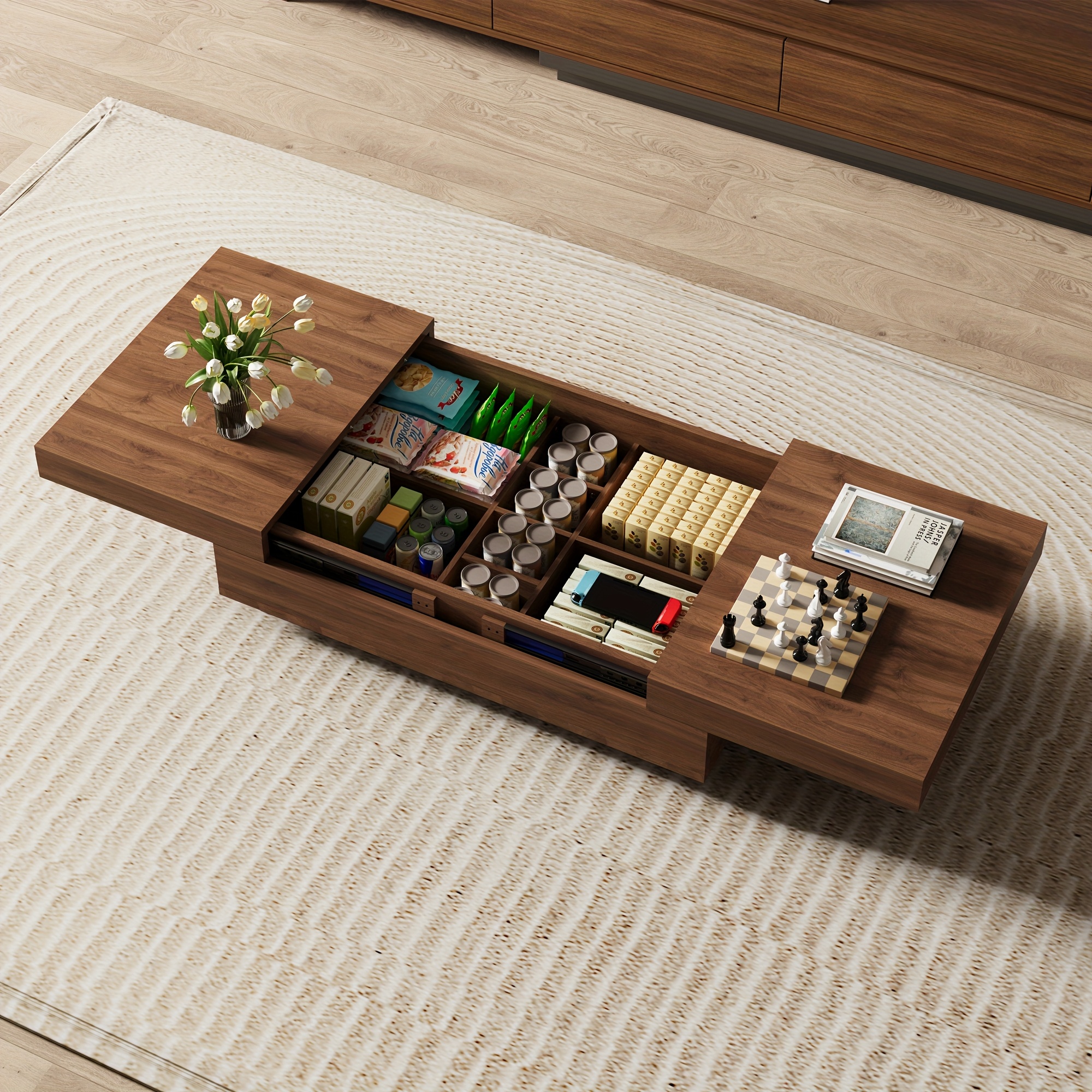 Image of Orionfurniture Extendable Coffee Table With Wood In Walnut Look - Modern Living Room Table & Coffee Table In Rectangle Design, Sofa Table, Side Table With Hidden Storage (120 Cm To 208 Cm)