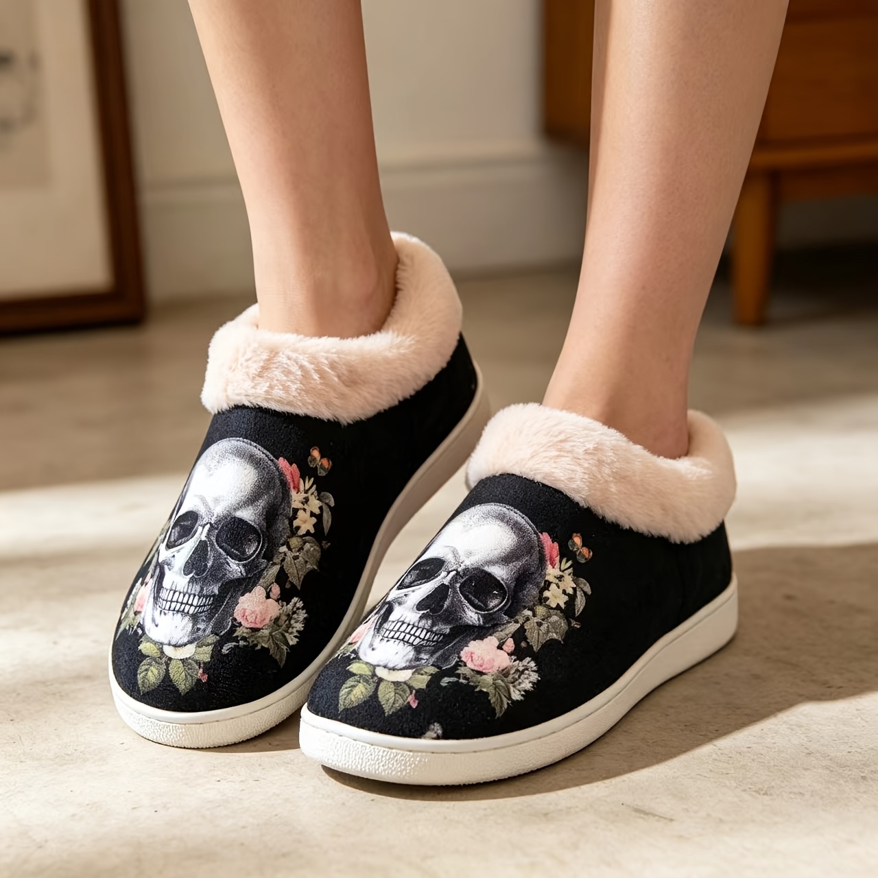 Halloween Skull Head Fluffy Women's Autumn Slippers, Women Shoes
