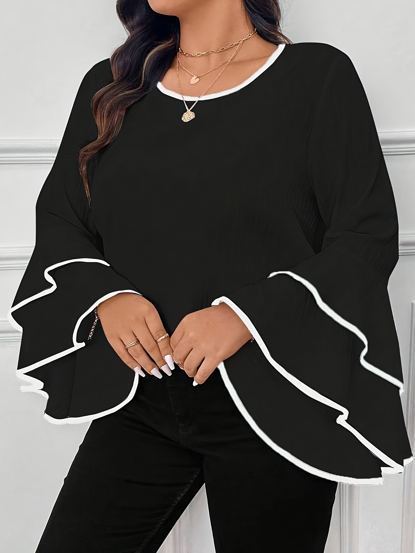 Plus Size Contrast Trim Crew Neck Blouse, Elegant Layered Ruffle Sleeve Top For Spring & Fall, Women's Plus Size Clothing