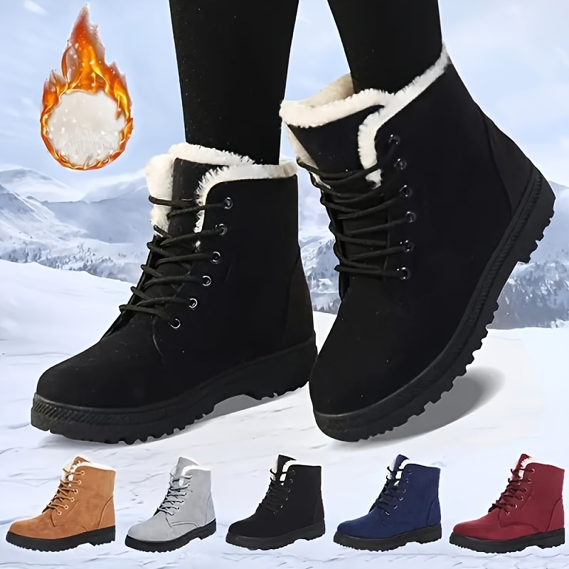 

Women's Solid Color Short Boots, Casual Lace Up Plush Lined Boots, Comfortable Winter Ankle Boots
