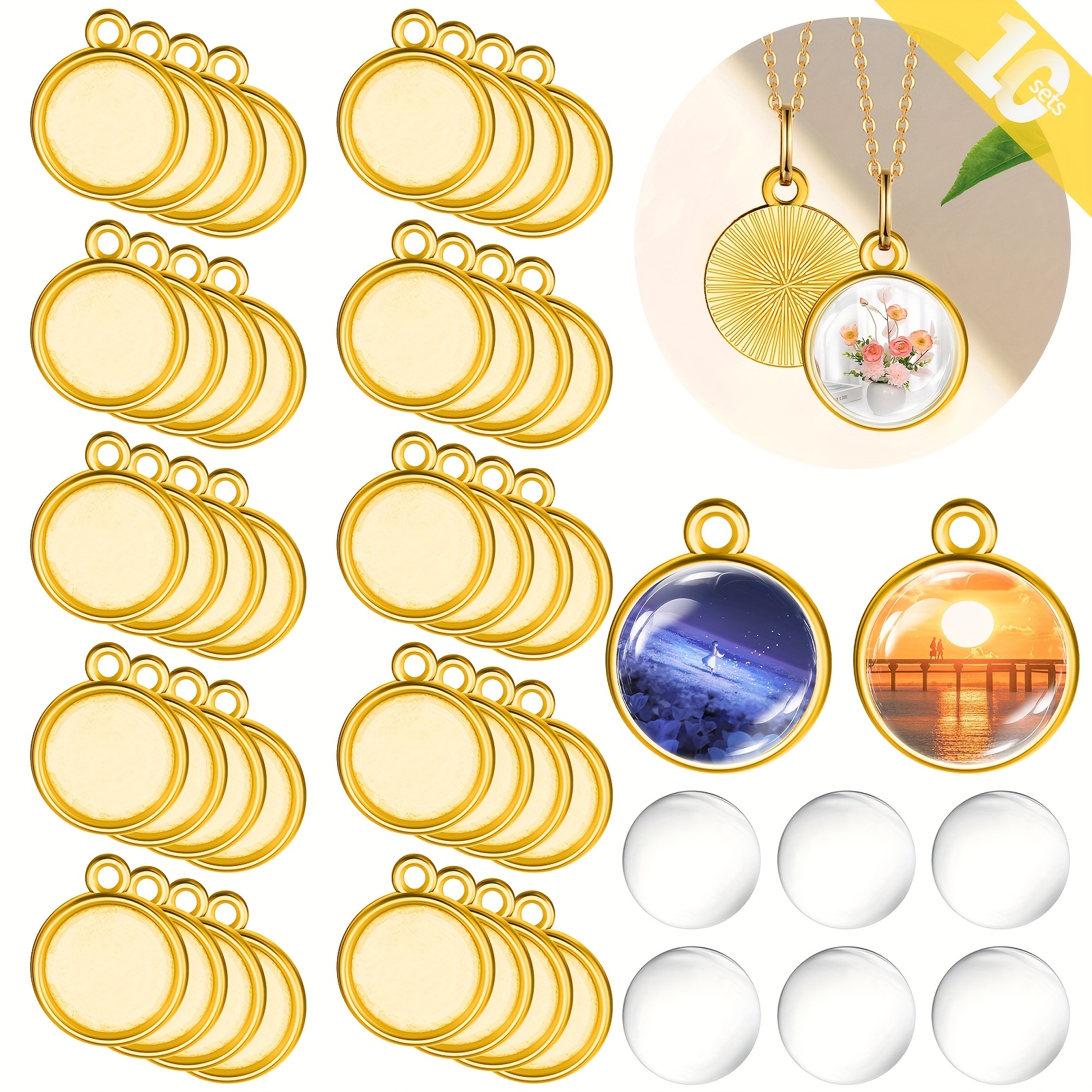 Image of 20pcs Pendant Trays With 20pcs Clear Glass Cabochons 0.5 Inch/12mm Round Bezels For Resin Craft, Jewelry Making(golden,silvery)