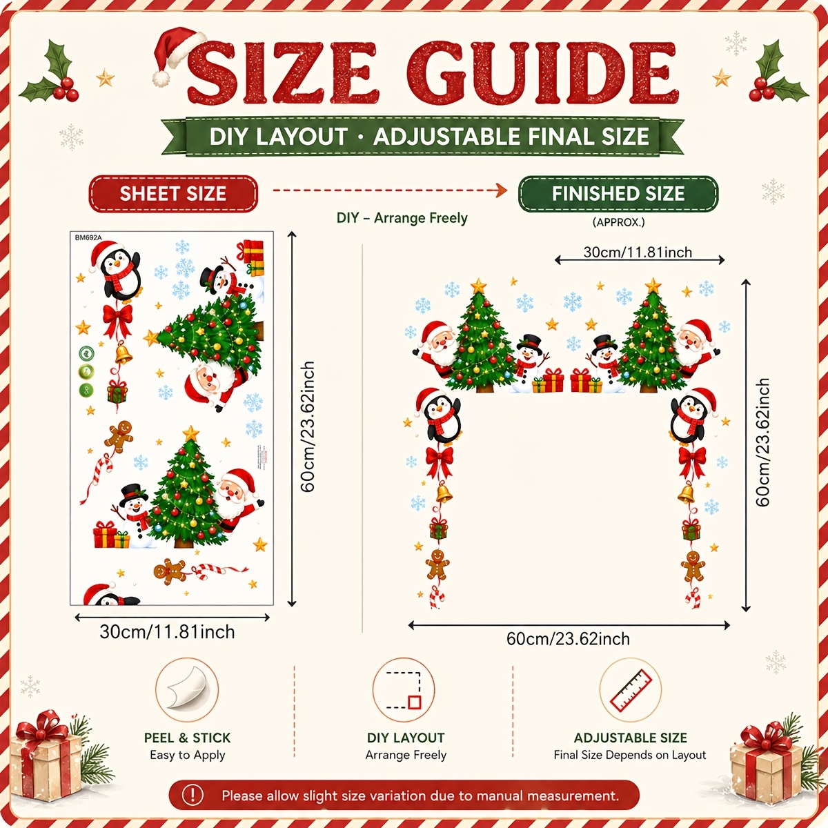 TEMU 1pc 30 X 60cm Christmas Door Frame Wall Sticker Santa Claus Snowman Penguin Xmas Tree Gift Bell Gingerbread Man Snowflake Bow Pattern For Living