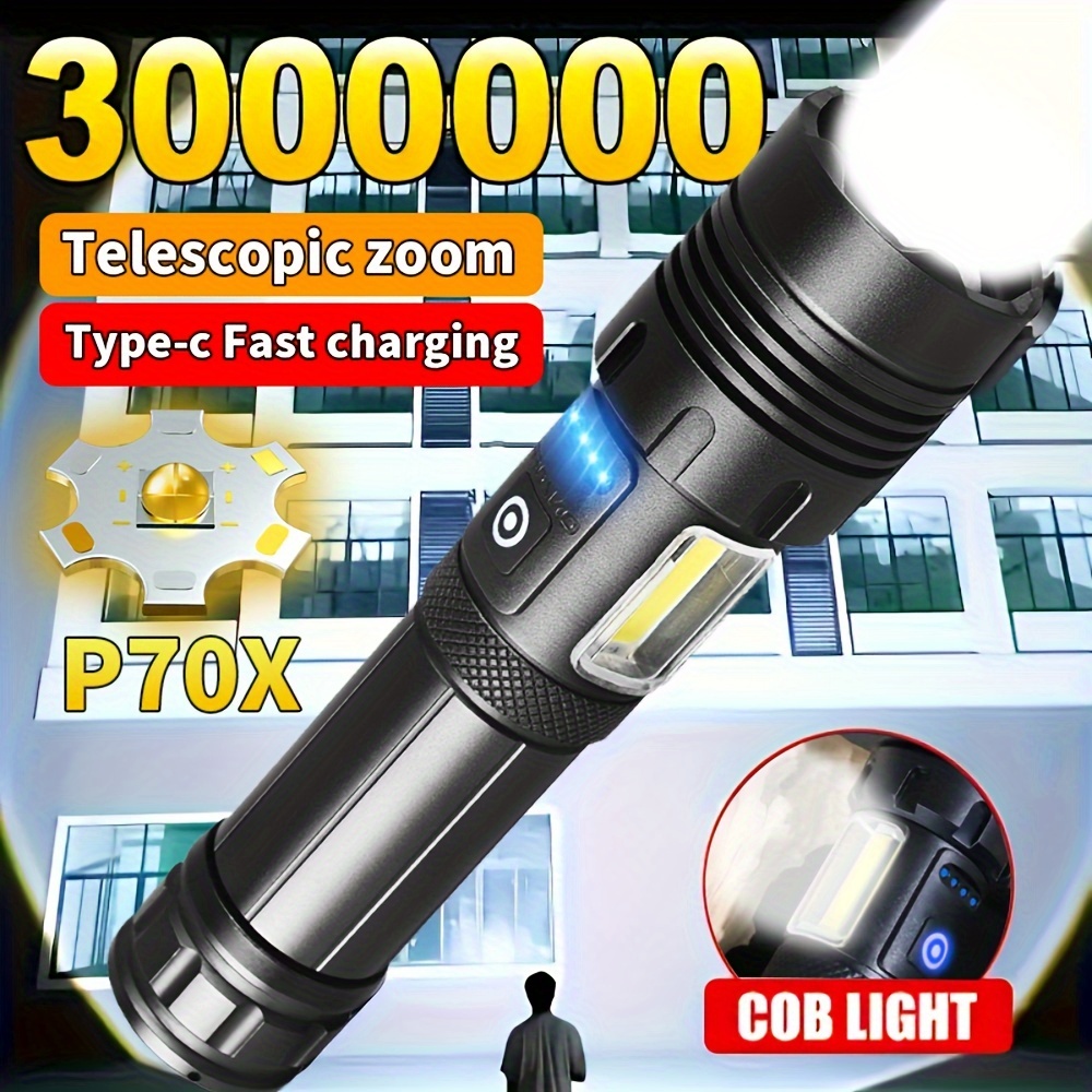 

1pc, Xhp70 High Flashlight, Type-c Usb Charging, , Telescopic, 1w+ Led, 150-350 , Abs, 36v Max Voltage, 1200mah Battery, 6 , 200-500m Range, Outdoor Camping, Hiking, Emergency, Car Repair, Student Use