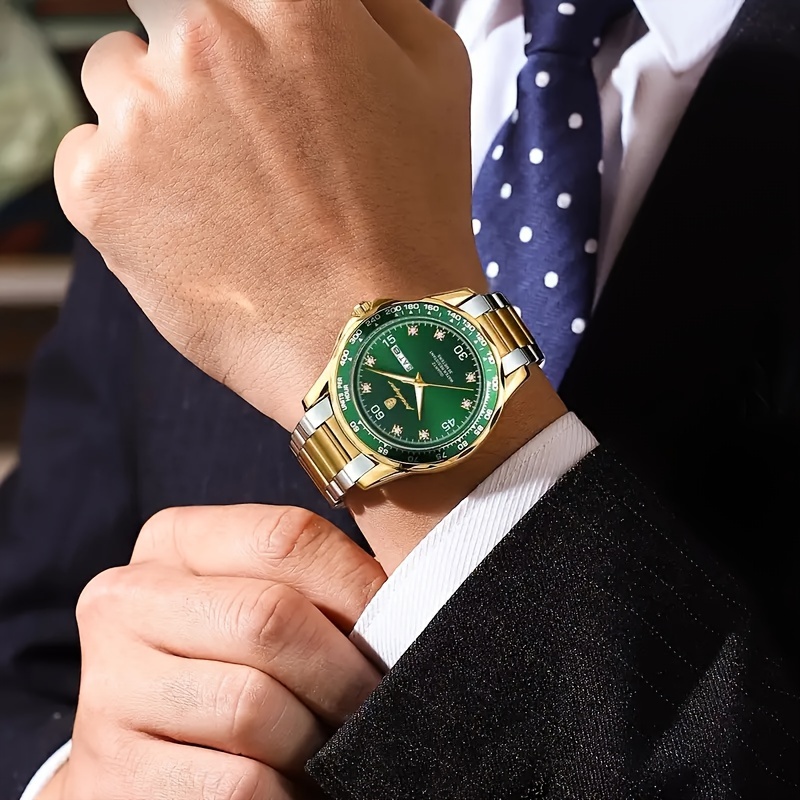 Montre ronde à quartz avec bracelet en  , aiguilles en  , boîtier en  ,   vert avec calendrier, montre lumineuse pour homme et femme. détails 1