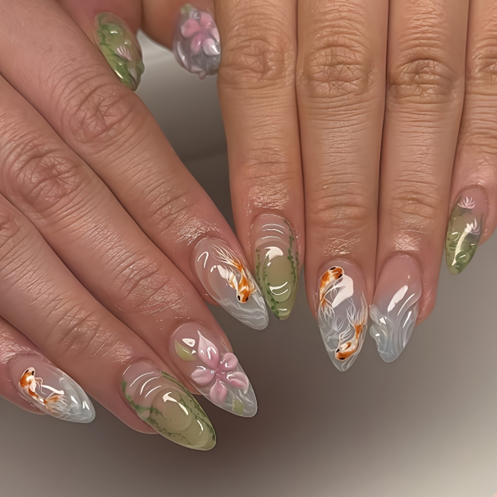 TEMU 24pcs Long Almond Press On Nails Handcrafted Chinese Style With Koi Fish Lotus And Water Lily Art Luxury Reusable Glossy Artificial Nails For