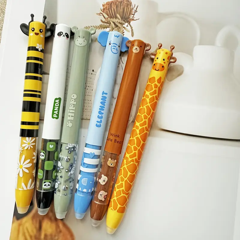 6pcs 12pcs cute zoo theme erasable gel pens two colors blue and red color ink pen with eraser clear double retractable clicks gel pen smooth writing for journaling supplies Product details 5