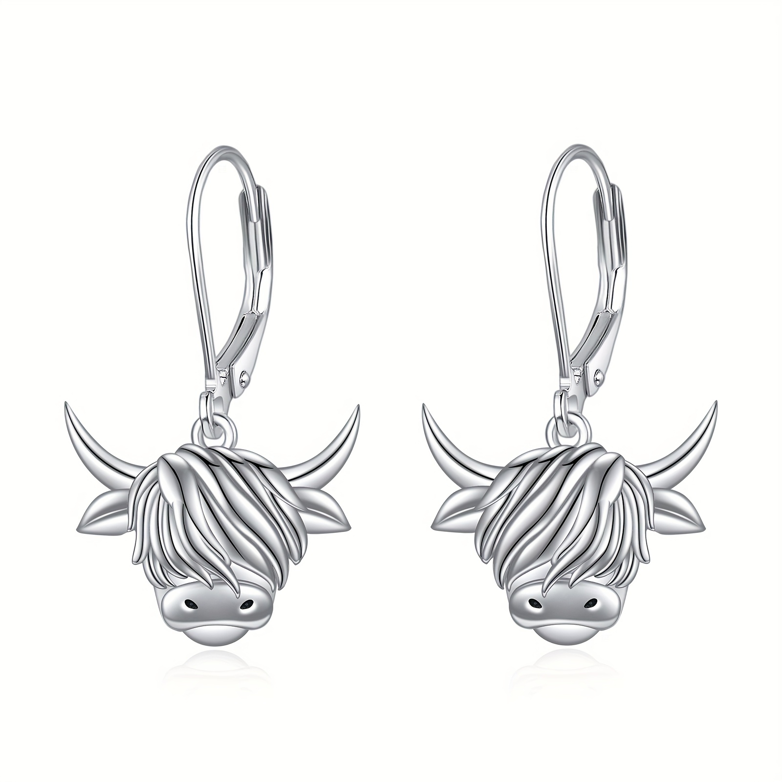 Women's Sterling Silver Highland Cow Leverback Dangle Earrings