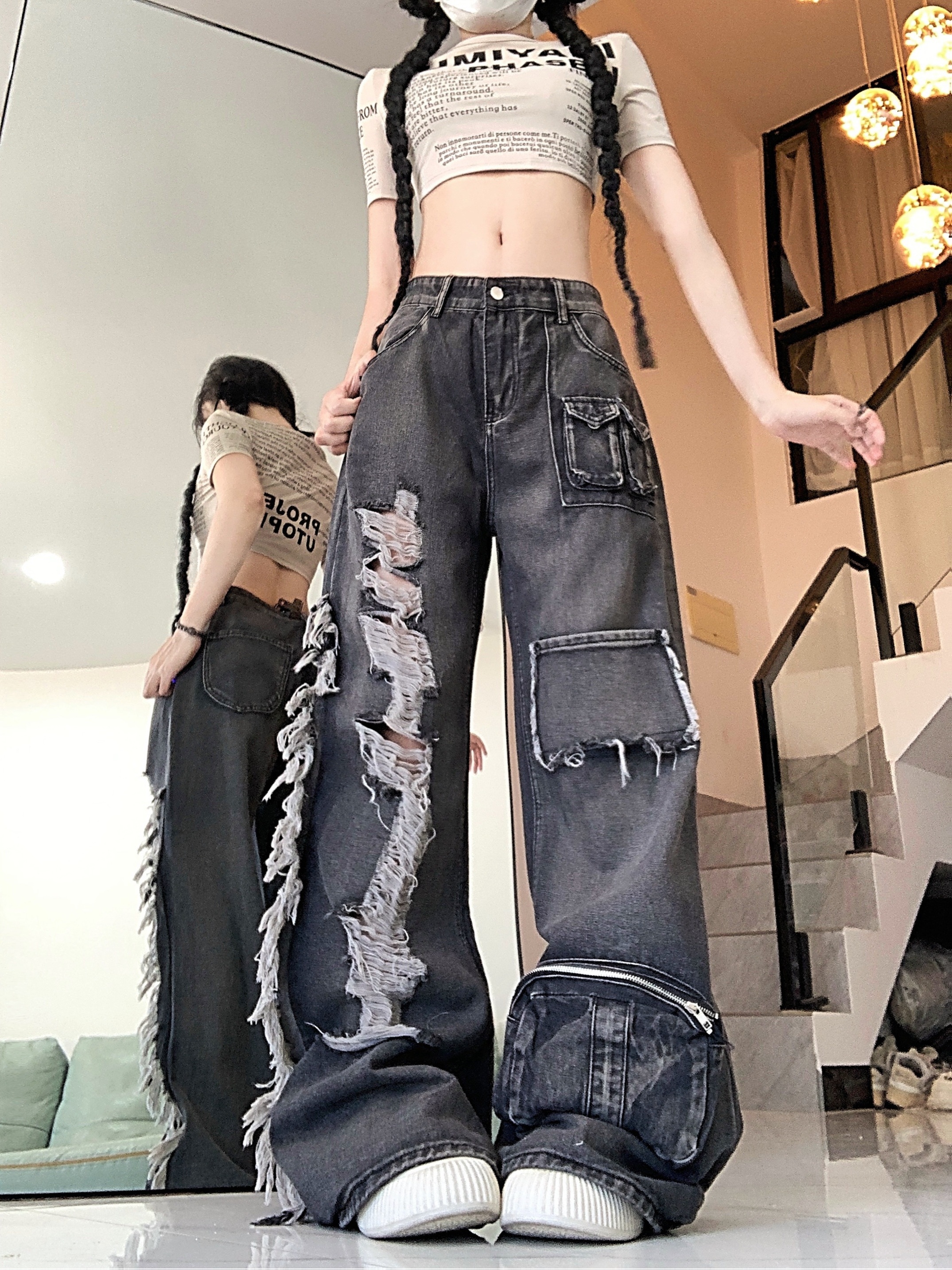 Women'S High-Waisted Distressed Denim Jeans with Ripped Details, Straight  Leg, Light Wash Wear, High Waisted Jeans