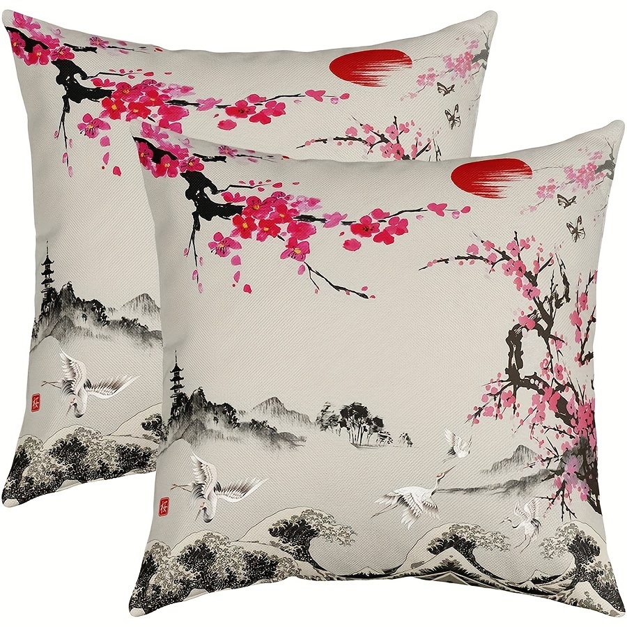 

2pcs Set Japanese Linen Pillowcases - Vintage Ocean Wave & Cherry Blossoms Design, Single-sided Print, Zip Closure, Machine Washable For Living Room & Bedroom Decor