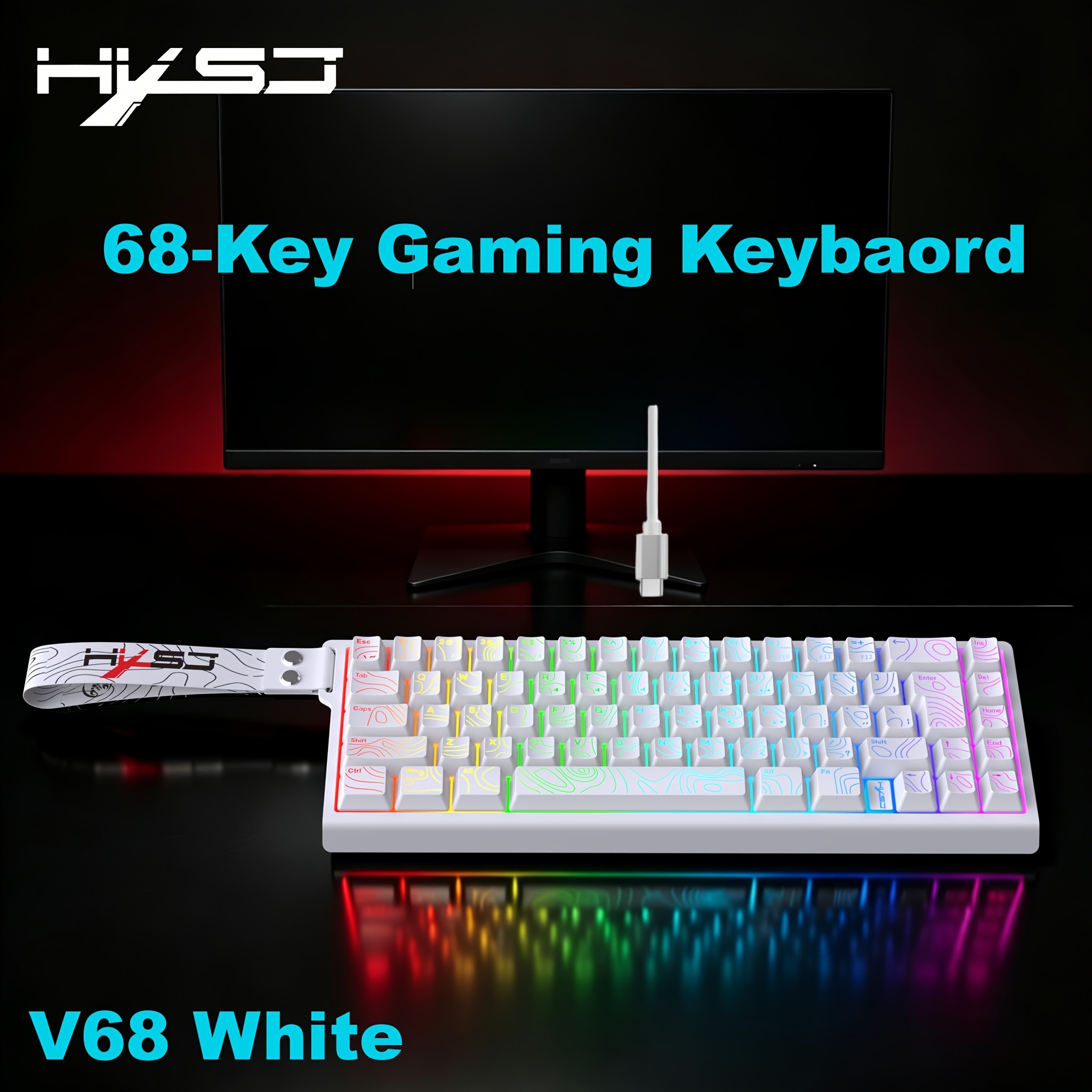 TEMU Ultra-compact Hxsj-v68 Wired Gaming Keyboard, Portable Mini 68-key Membrane Keyboard, Rgb Backlit, Usb Powered, Plug And Play, Uniform Keycaps
