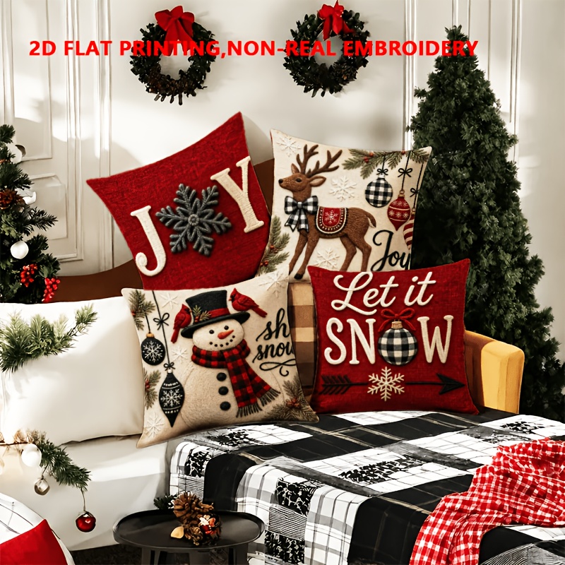 TEMU 4pcs Set, 2d Flat Printing, Christmas Themed Printed Pillowcases, Snowman And Reindeer Design, Single-sided Print, Modern And Stylish Decorative
