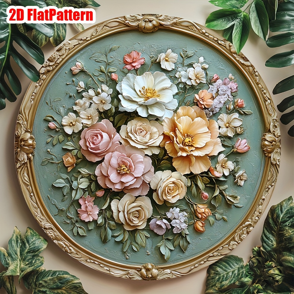 TEMU 2d Flat, 1pc Vintage Floral Round Wall - Pink/white/peach Flowers With Green Foliage & Suitable For Garden, Kitchen, Cafe, Home, Office Decor -