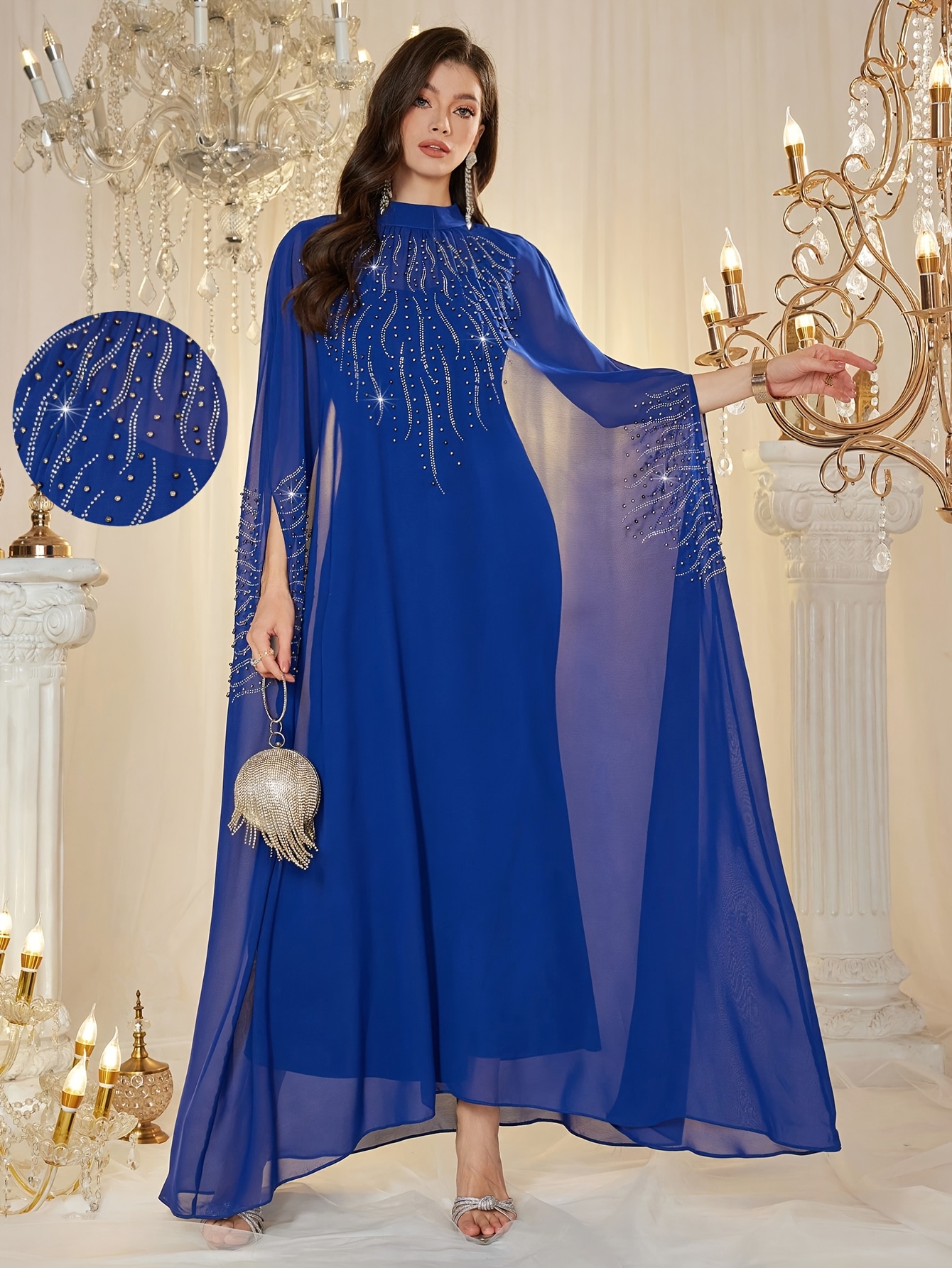 navy blue dress with gold jewelry NicoBlu Stella Long Navy Dress with Celestial Jewel Embellishment 8
