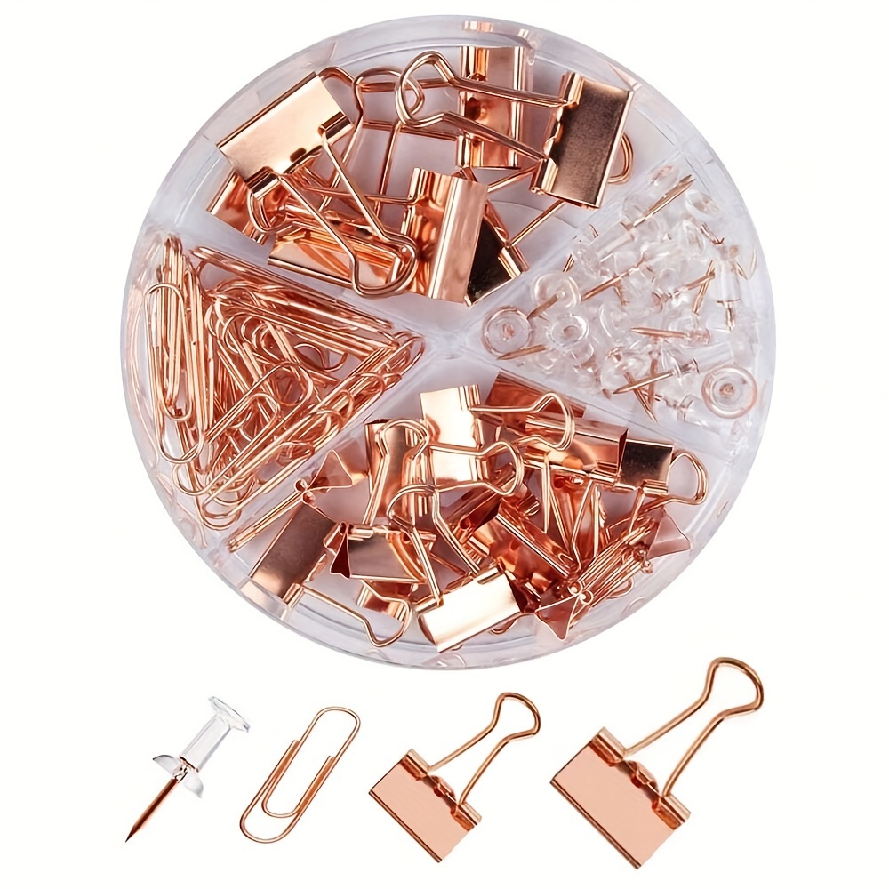 

A Box Of 72 Rose Golden Metal Binder Clips, Paper Clips, Thumbtacks, And Paper Clips, Durable And Rust-proof, For Documents, Papers, And Household Items (round Box Rose Golden)