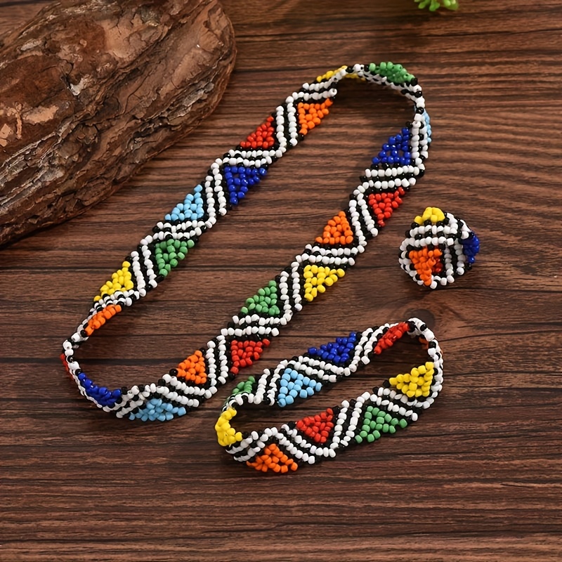 3pcs Bohemian Hand-Woven Bracelet Set, Necklace & Ring Gift