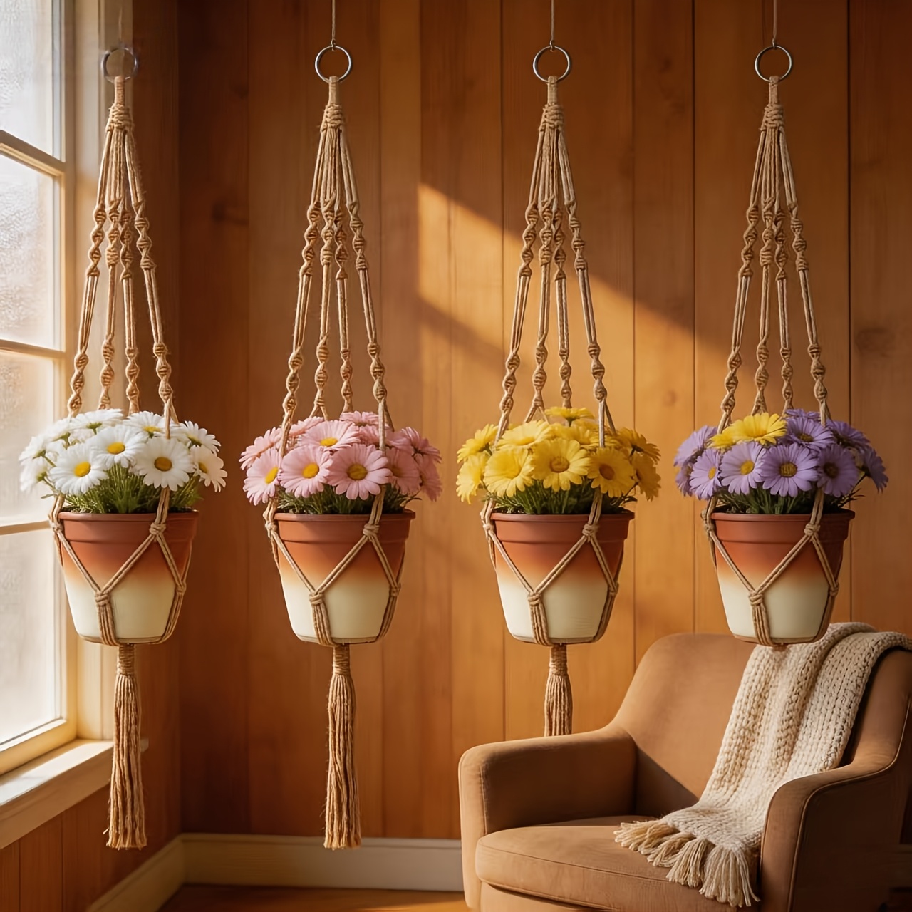 E-shop Macramé Pflanzenhänger für Innenräume - Dekorativer Blumentopfhalter aus Juteseil für Zimmer- und Außendekoration