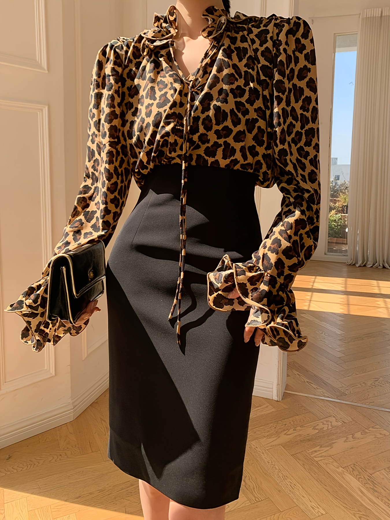 Leopard Print High Neck Pleated Blouse main image 1