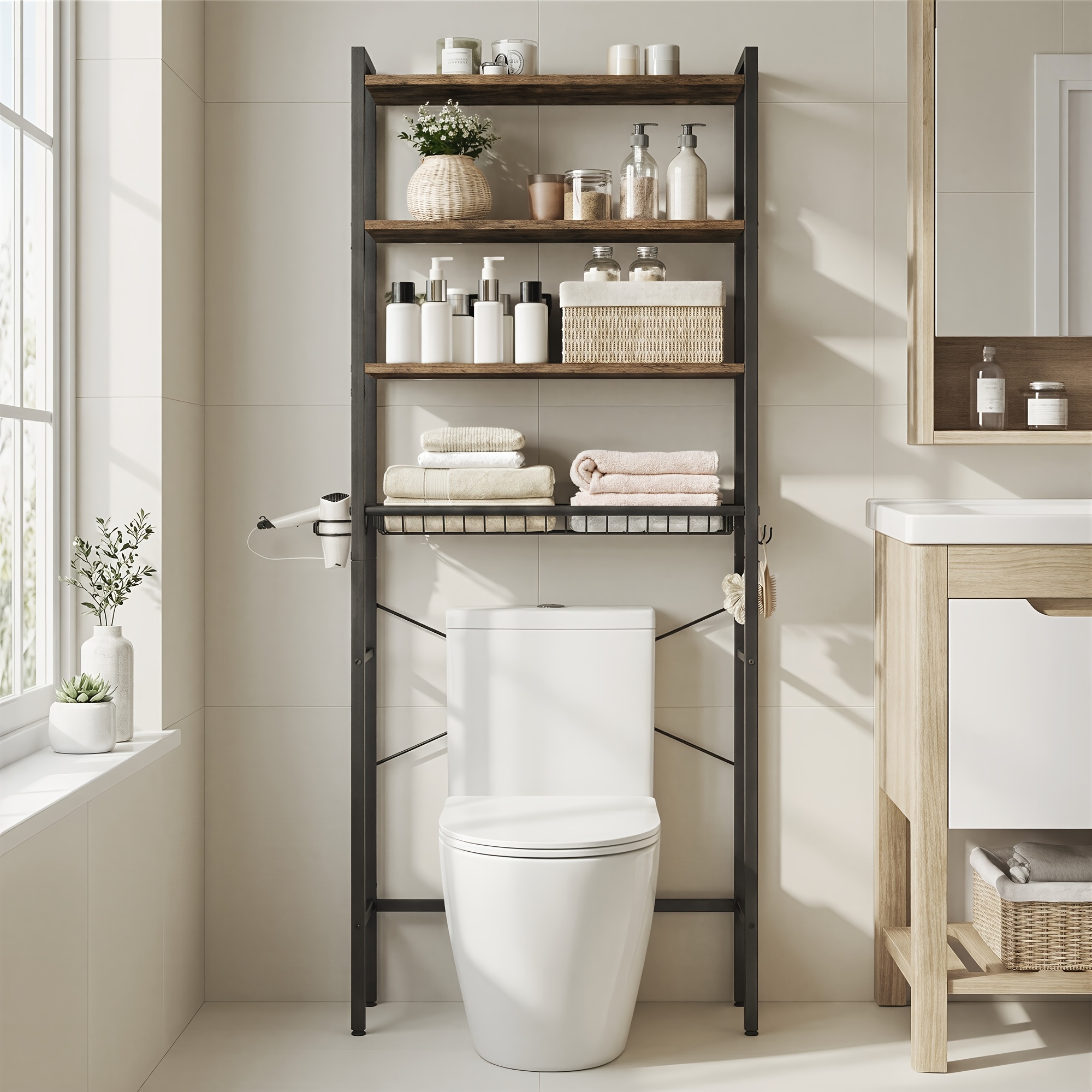 TEMU Meuble de rangement sur toilette haut de 173 cm, Organisateur de salle de bain sur toilette avec étagères réglables, 3 crochets, Marron rustique