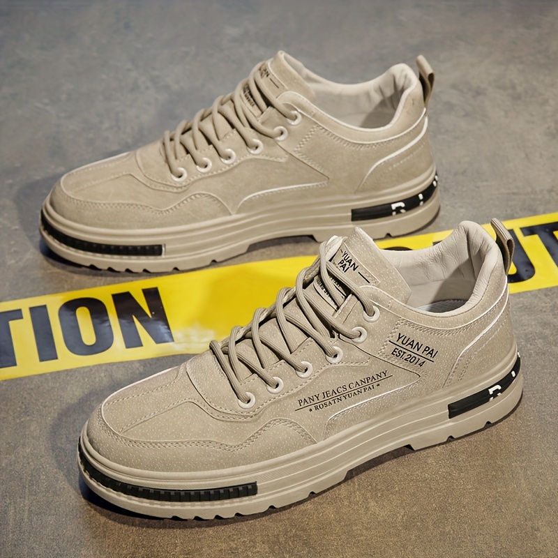 Men's Lightweight Skate Sneakers - Stylish Beige Casual Sneakers with Durable PU Upper, Breathable Fabric Lining, and Non-Slip PVC Sole for Casual Attire, Hiking & Outdoor Activities, Everyday Shoes | Sporty Style | Breathable Lining, Skate Shoes