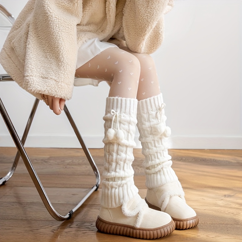 Image of Autumn/winter Style 1-pair Youth Warm Versatile Calf Socks For, Knitted Twisted Cable Ball Pattern, Slouch Socks, Pink, For Teenager