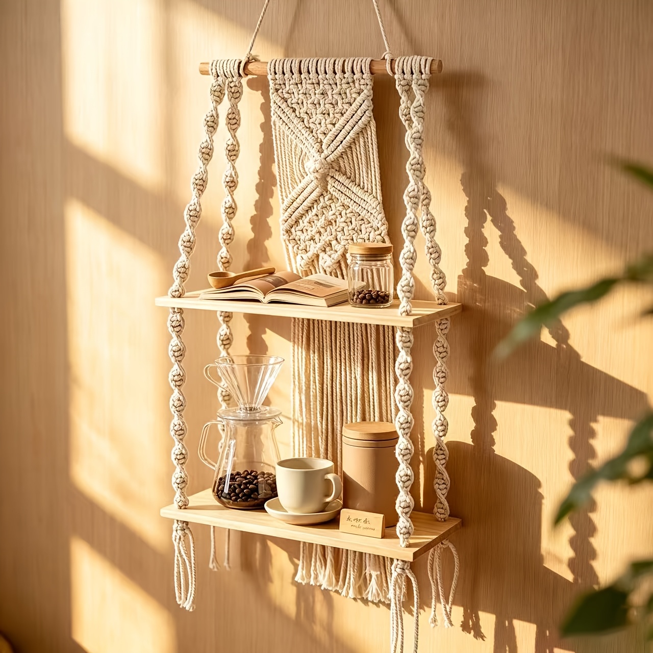 TEMU 1pc Boho-chic Handmade Macrame Wall Hanging Shelf - Rustic Wood Floating Shelve With Decorative Rope For Indoor/outdoor Plant Display, Perfect