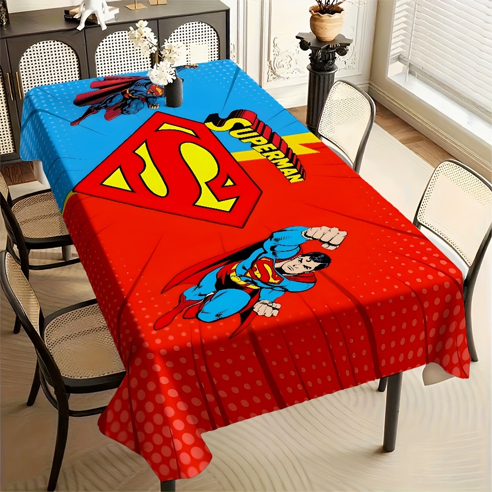 TEMU 1pc Cartoon Printed Tablecloth Superman And Blue S-logo Comic Character Suitable For Family Gatherings, Holiday Parties, Weddings, Picnics, And