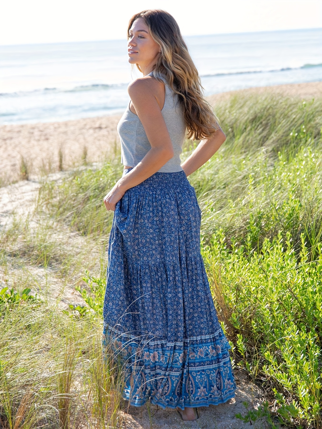 Long Skirt Blue And White Beach Wrap Skirt Women's Summer Floral