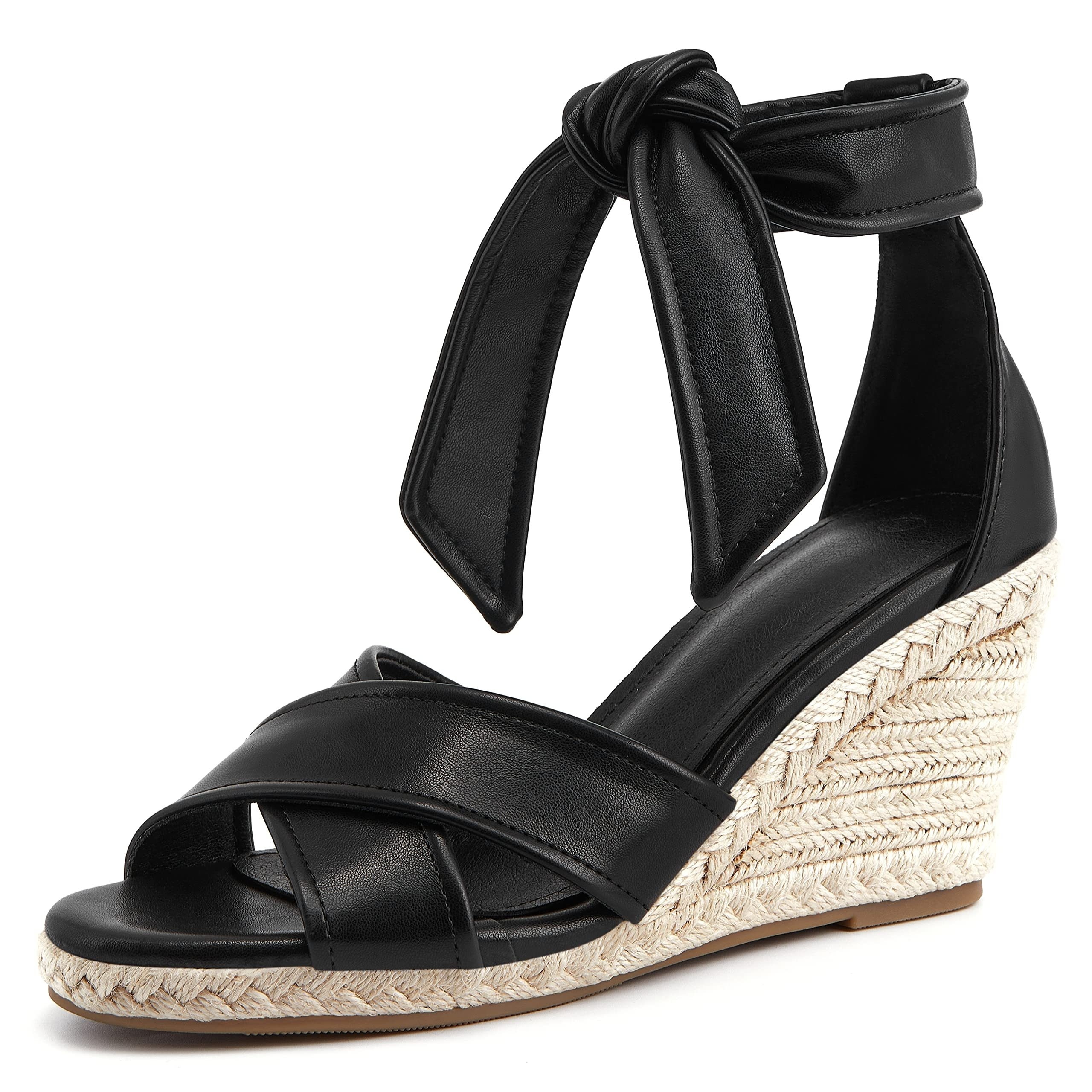 

Women's Round Open Toe Ankle Tie Espadrille Wedge Sandals, Artificial Leather, Stylish Thick Sole Dress Shoes