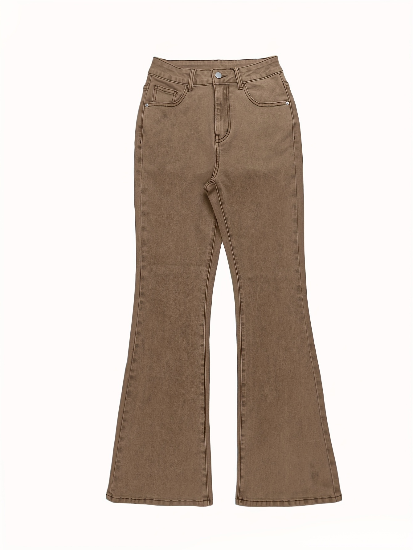 GILIPUR MH1025 Light Blue Retro High-Waist Stretch Straight Leg Women's Pants, Street Style Solid Color Long Pants with Pockets, All-Season Comfortable Stretch Fabric, Machine Washable