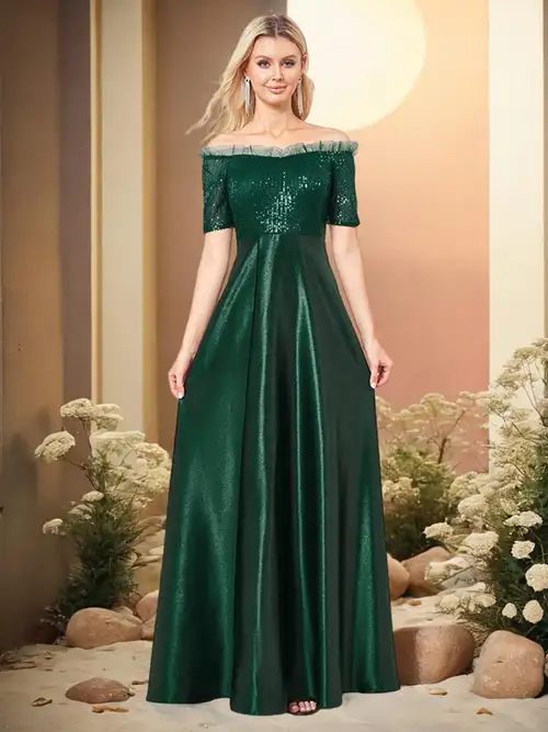 emerald green evening dress south africa Elegant Off-Shoulder Long-Sleeve Pleated Dress with a Fitted Silhouette