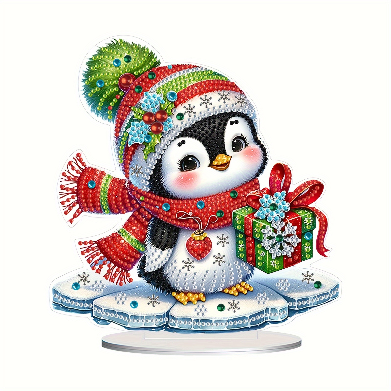 

Festive Diy Diamond Painting Penguin Desk Ornament: Adorable Cartoon Penguin Holding A Gift, Perfect For Christmas Decorating