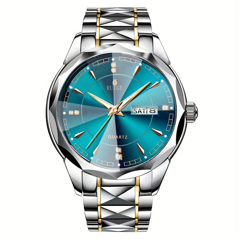 RUIGE Men's Quartz Watch with Night Light, Dual Calendar, Diamond-Shaped Mirror, Stainless Steel Case, Alloy Strap, Multiple Colors