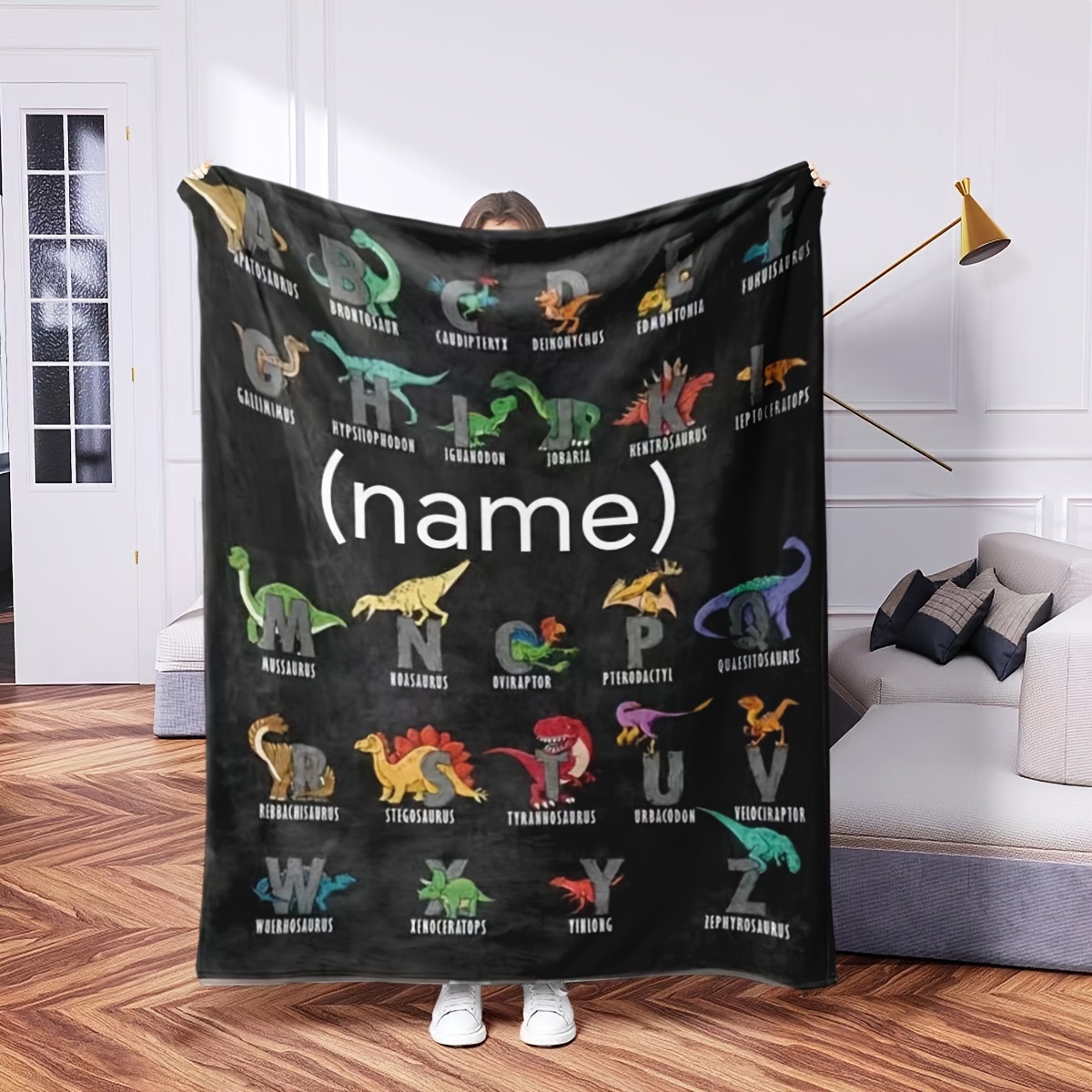 

Personalized Dinosaur Alphabet Blanket - Custom Name Soft Flannel Throw For , Perfect Gift For & Learning, Ideal For Couch, Bed, Travel, Camping