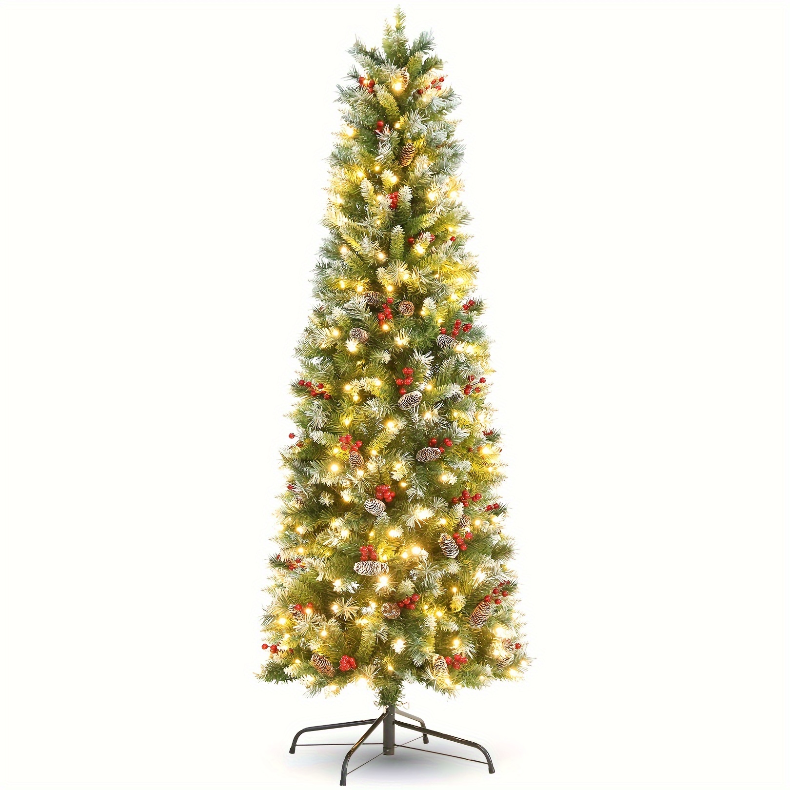 

6ft Pre-lit Pencil Christmas Tree Pre-decorated Snow Flocked Tree For Holiday Decor W/ Led Lights With Adjustable Flash Rate & Color , Pine Cones & Red Berries, 11 Light