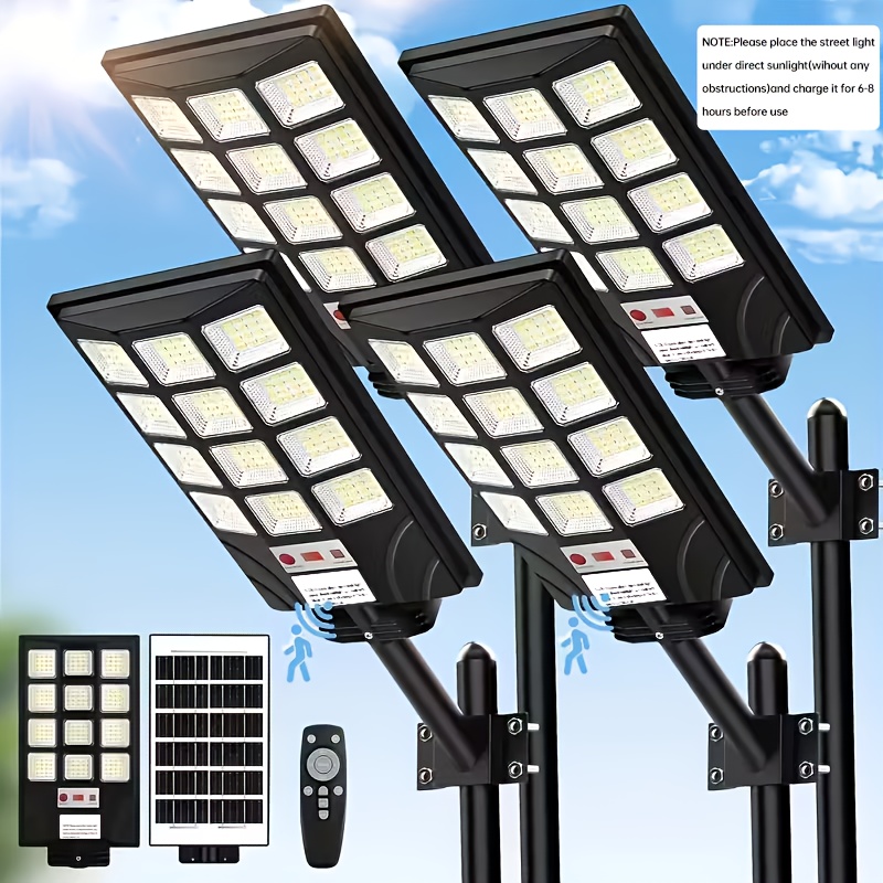 4 packs 2 packs of solar street lights outdoor 400 led lamp beads 6500k waterproof sensor solar flood light with remote control commercial area   night lighting dim to dawn