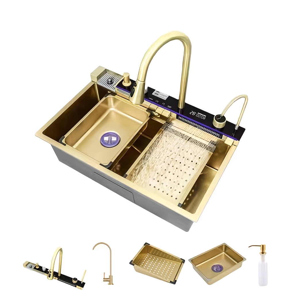 Golden Honeycomb Embossed Integrated Multi-functional 304 Stainless Steel Vegetable Washing Basin Large Single Bowl Kitchen Sink Dishwashing Sink