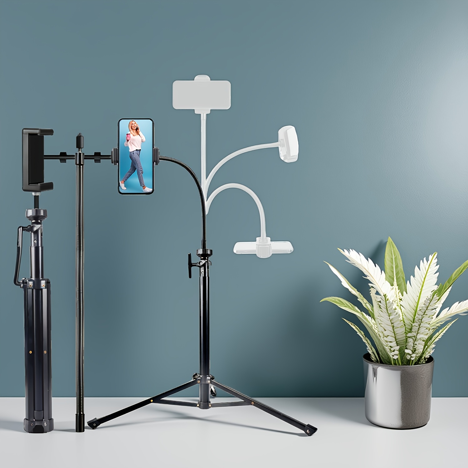 TEMU 1pc Telescopic Tripod 360-degree Adjustable Phone Holder, 160cm/62.99inch Adjustable Phone Stand With 360° Gooseneck Design, Universal Phone