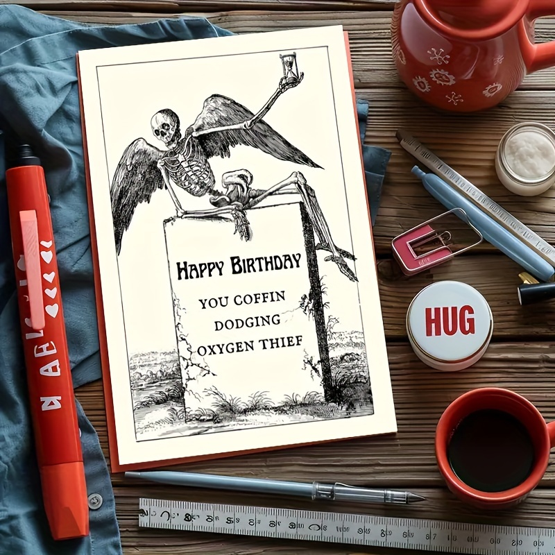 

Funny Birthday Greeting Card With Skeleton Design - Humorous Coffin Dodging Oxygen - Personalized Paper Card For Any Birthday , Envelope Included, 1pc (4.33"x6.29")