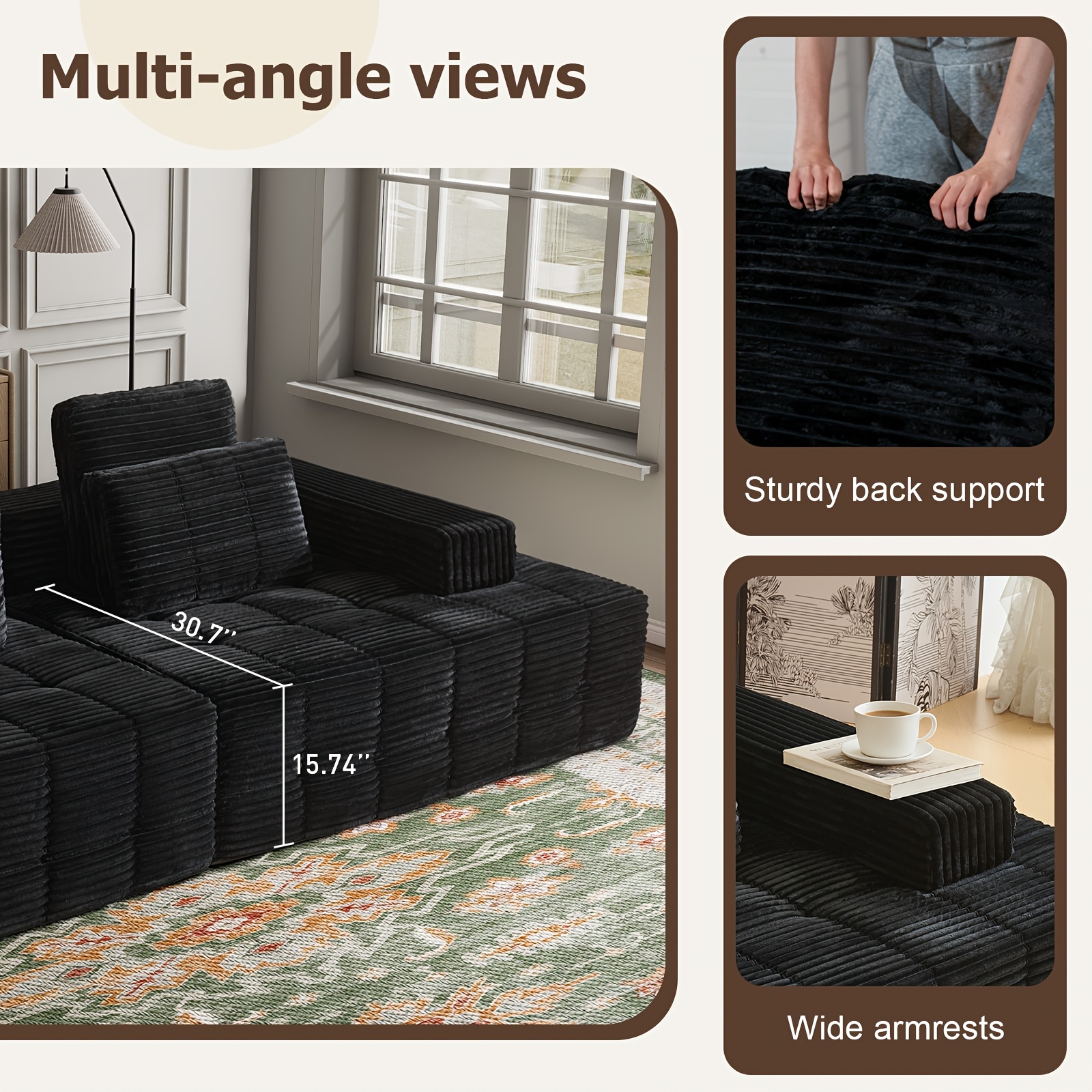 L Couch Sofa Sectional for Sofa Living Room Convertible Couch Bed with Deep Seats Lounge Chairs, Corduroy, Boneless Sectional Couches, Living Room/Bedroom - Modular Living Room Furniture Set Ideal Multifunctional Couch - No Assembly Required (Black