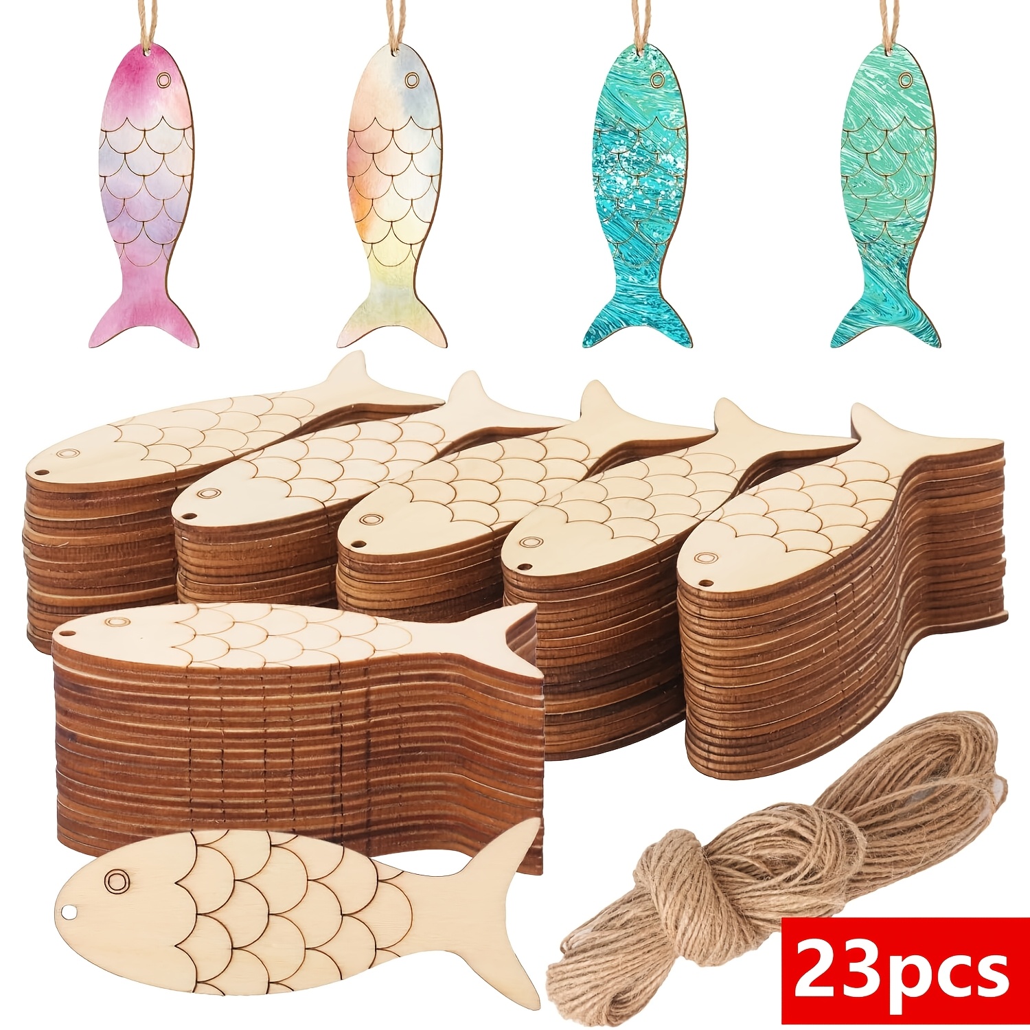 TEMU 23 manualidades DIY de madera sin terminar de pez - Pez de madera recortado con cuerda de , diseño de extremos abiertos para colgar fácilmente,