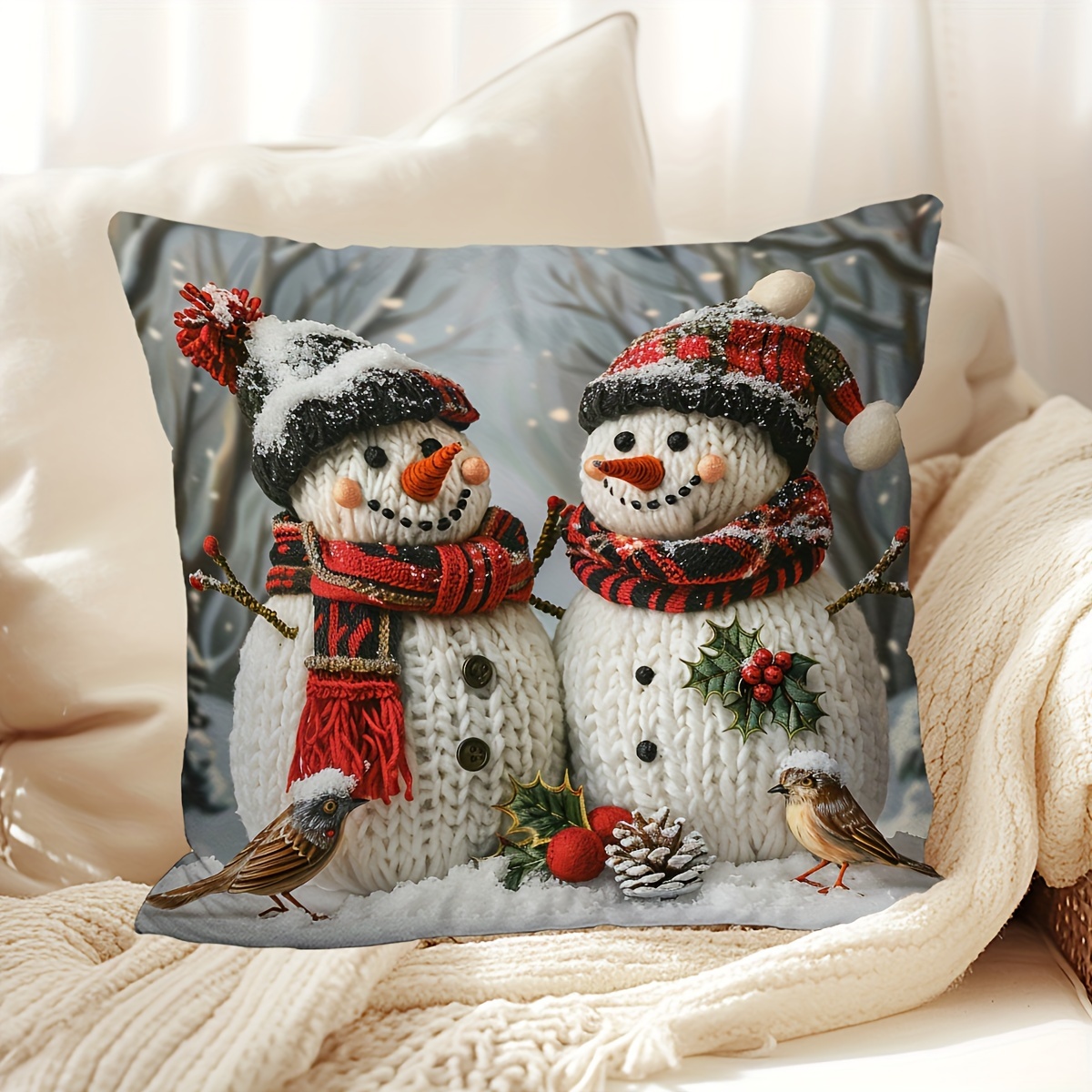 

Snowman And Bird Christmas Decorative Throw Pillow Cover, 1pc, Contemporary Style, Hand Wash, Digital Printed Polyester, Zipper Closure, Single Sided, Versatile Room Decor, 17.7"x17.7", No Insert