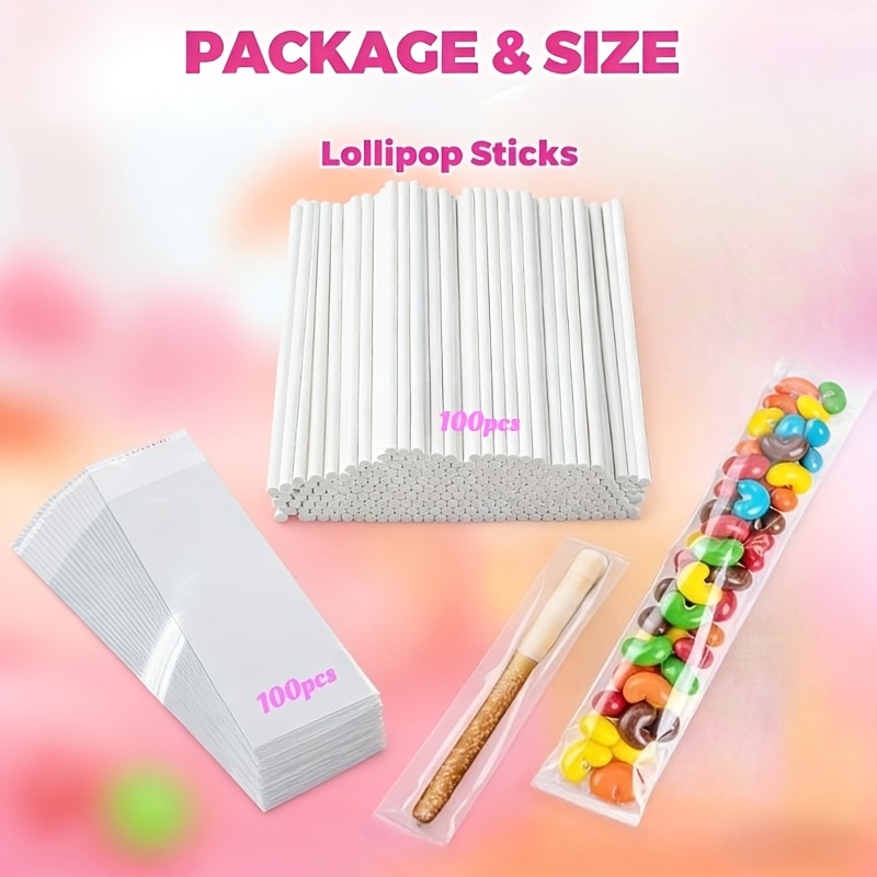 Image of A Set Of 200 For Lollipop Sticks And Packaging, Featuring 100 For Lollipop Sticks And 100 Candy Bags, Ideal For Lollipops, Sweets, And Chocolate Biscuits