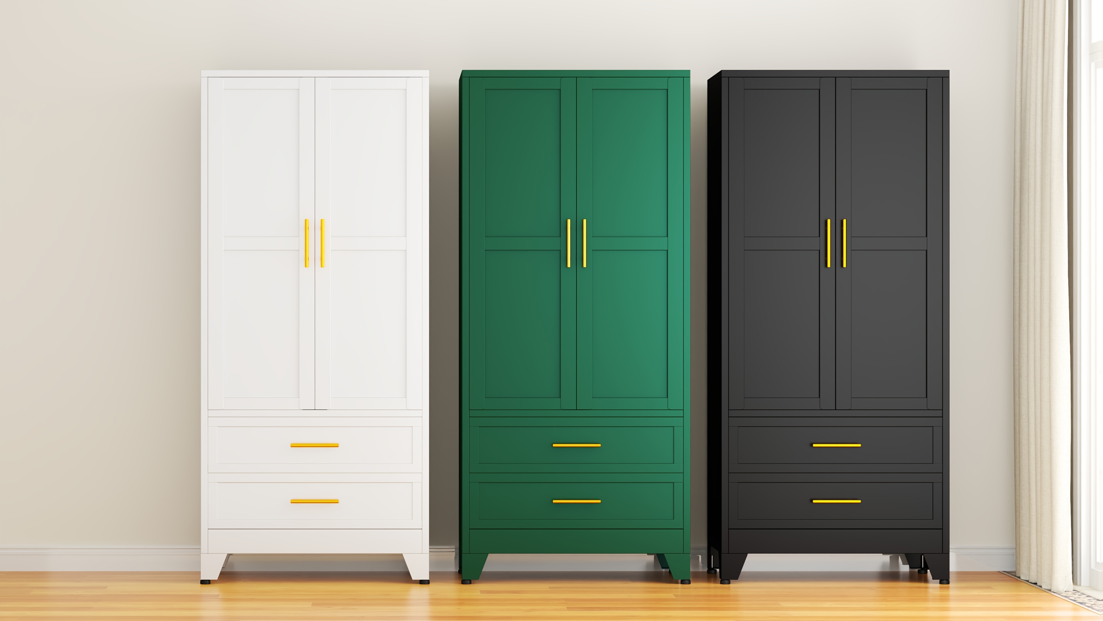 71 Inch Metal Clothing Storage Cabinet with 2 Doors, Golden Handle, 2 Adjustable Shelves, And 2 Drawers, Used for Independent Steel Wardrobes In Bedrooms, Gyms, And Cloakrooms