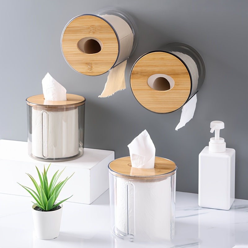 

1pc Polished Glass Round Tissue Box With Bamboo Cover - Wall-mounted Bathroom Paper Holder For Home And Hotel