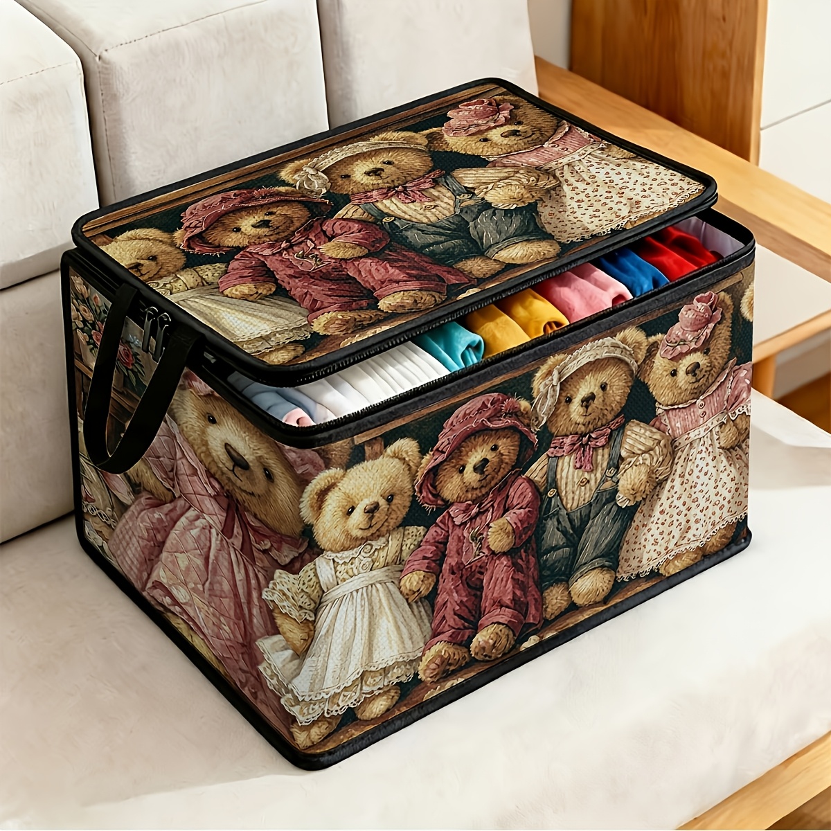 TEMU 1pc Vintage Style Printed Storage Box With Lid, Cute Teddy , Organization Room Storage Container, Under-bed Storage, Soft Fabric Storage Box