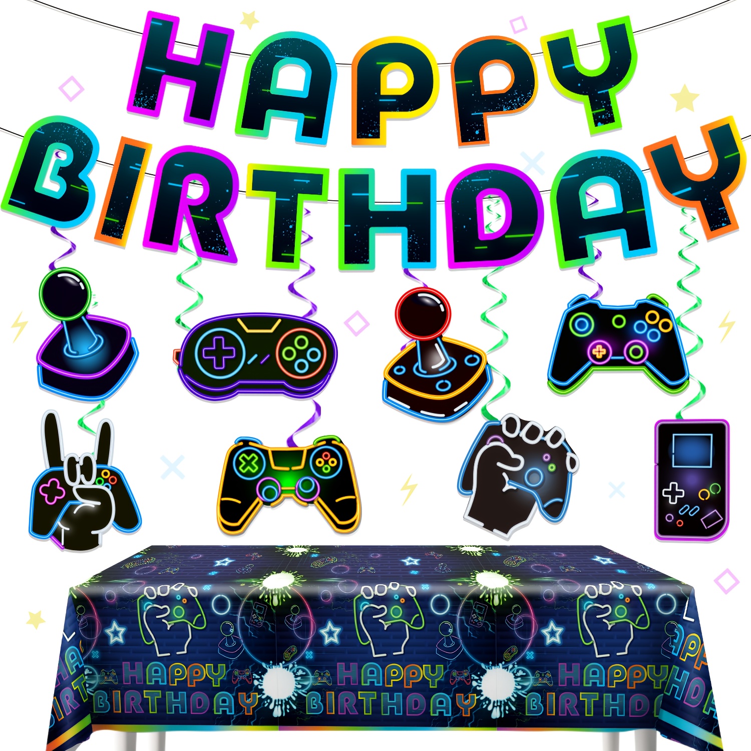 Image of 30pcs, Video Game Birthday Decorations, Gamer Birthday Party Decor, Video Game Themed Birthday Party Supplies, Including Game Themed Birthday Banners, Spiral Hangings, Tablecloth Decorations