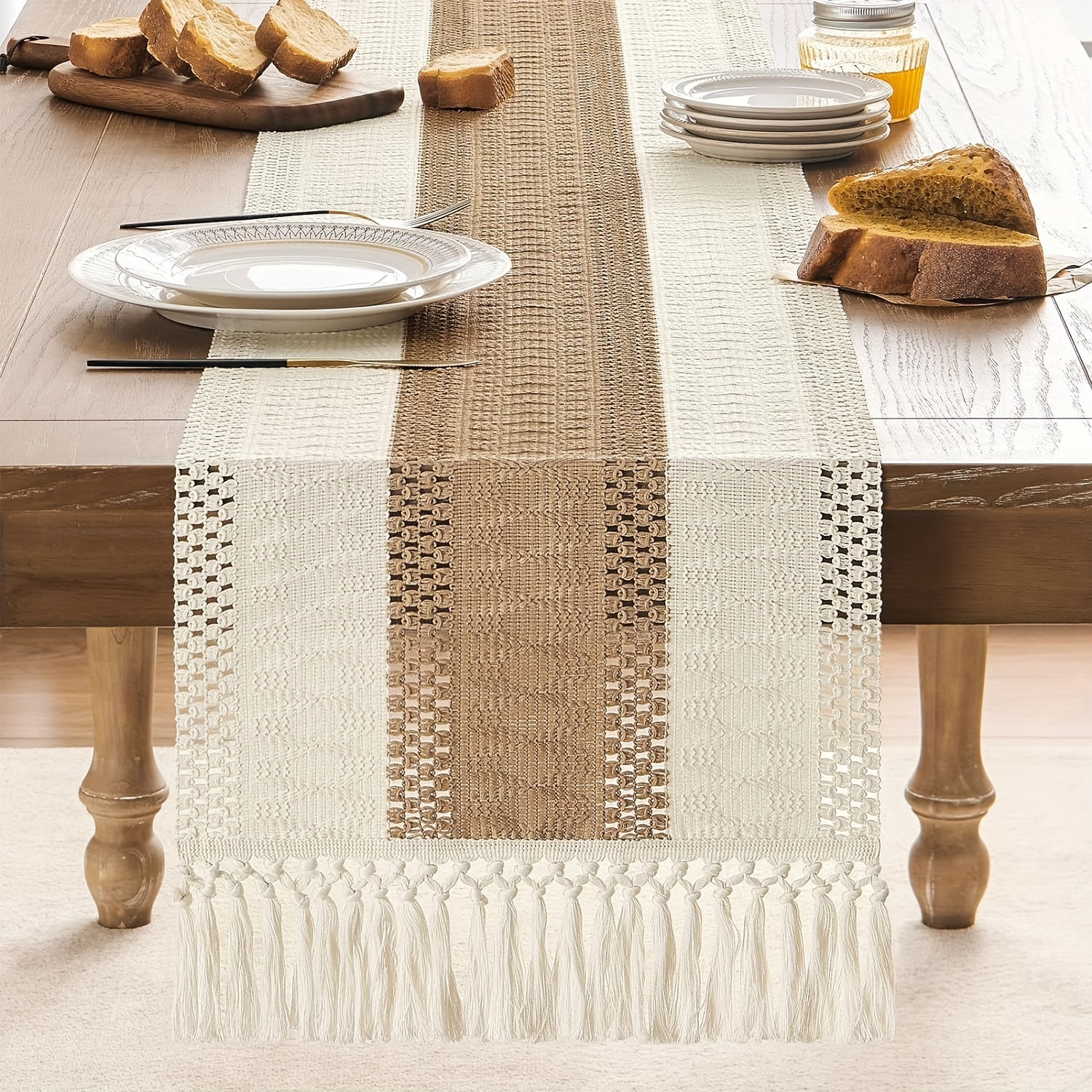 E-shop ., Böhmische Häkel-Tischflagge mit Quaste, Landhaus-Coffee Table Flag, Creme- und Brauntischdecke, für Hochzeit, Catering, Party, und ,