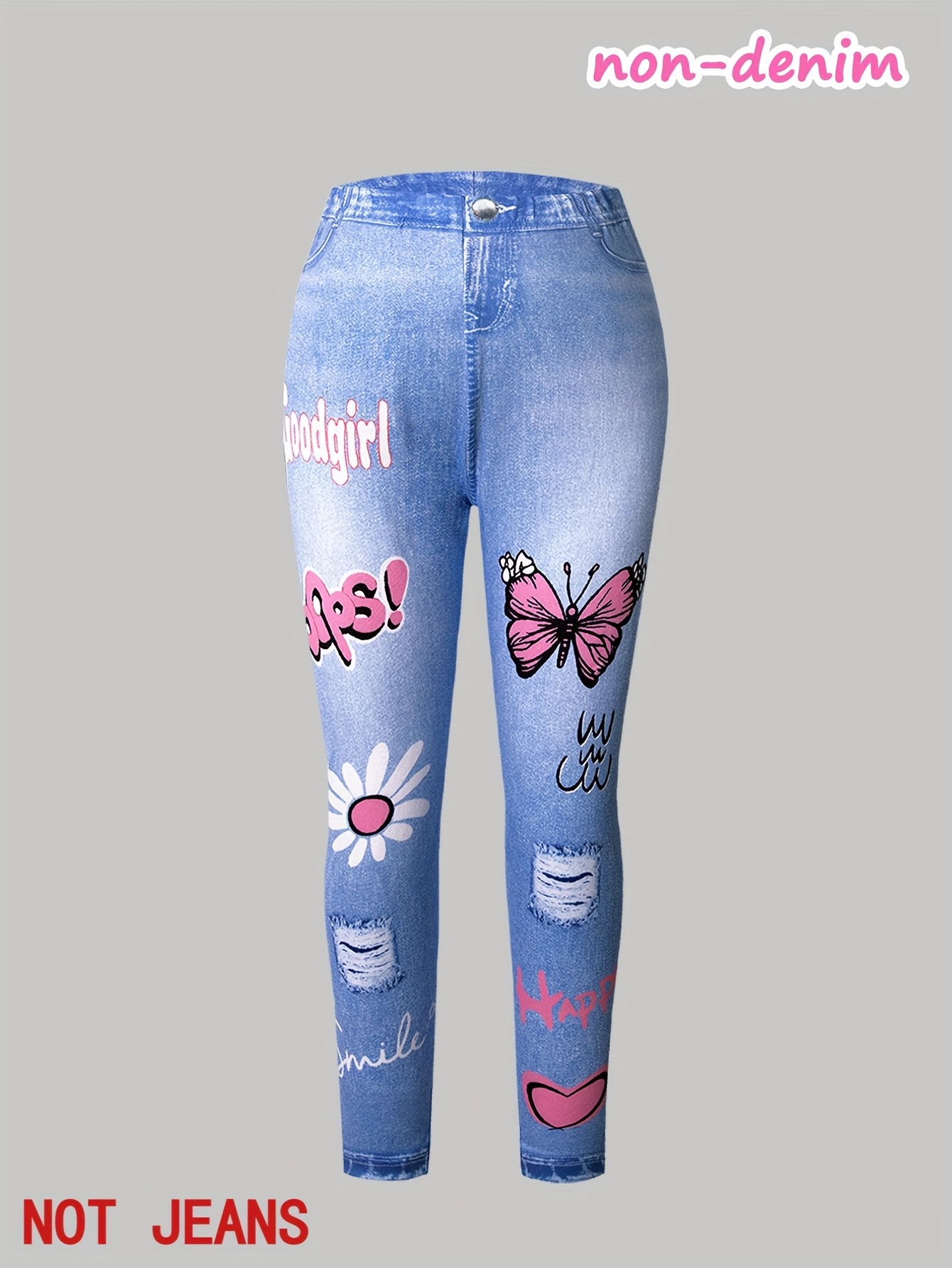3pcs Girls' Long Pants Mid-Stretch Fashion Cartoon Graffiti Letter Ripped Pattern Classic Knit Faux Denim Trousers Leggings Casual Soft Comfortable Girls' Outfit Gift for Festival Carnival Party, for Outdoor