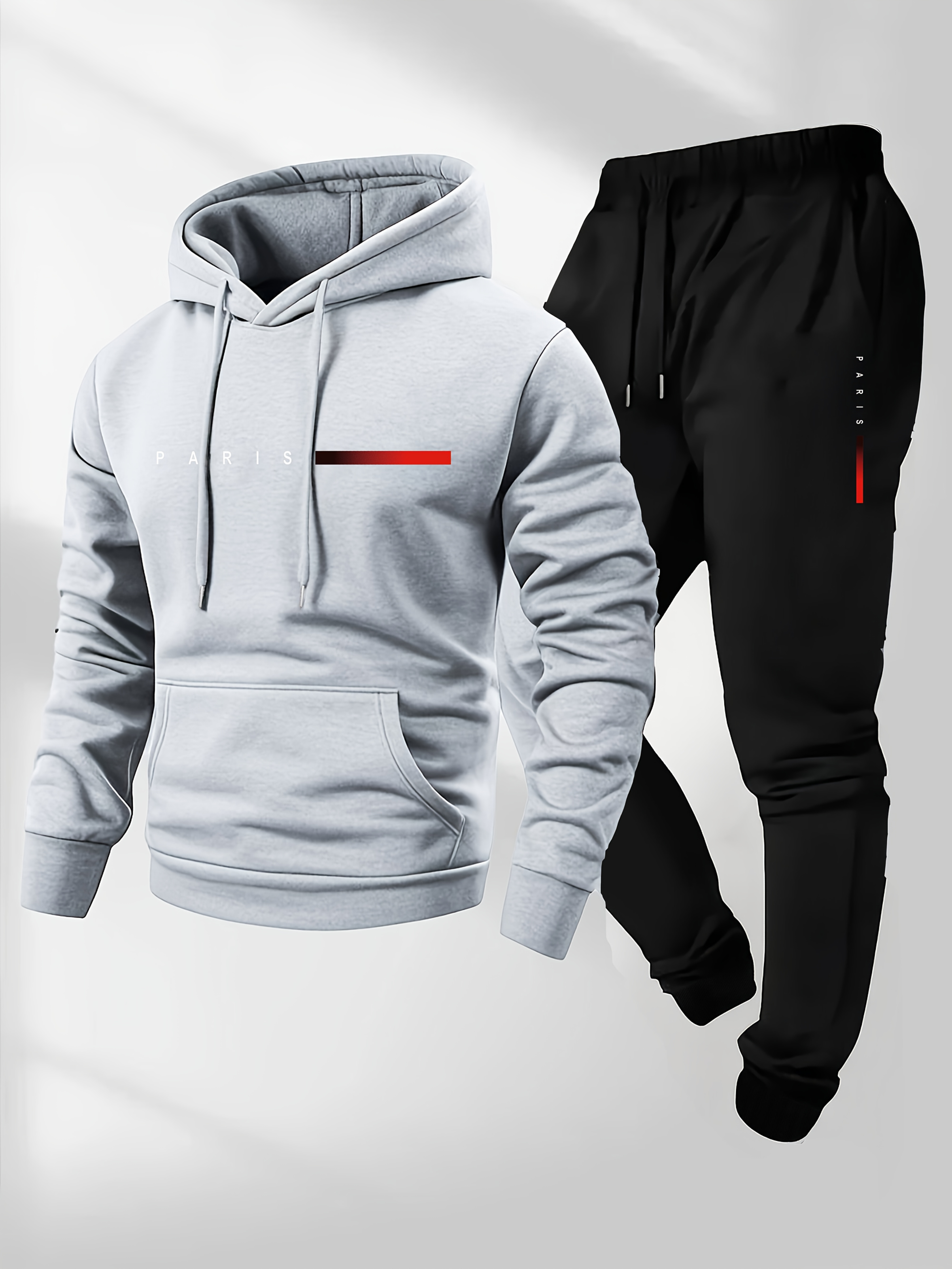 Men'S Casual Paris Letter Hoodie & Joggers Set - Gray Drawstring Pullover with Red Accents, Loose Fit, Long Sleeve, Fall/Winter Collection, Comfortable Clothing|Casual Style|Stretch Fabric