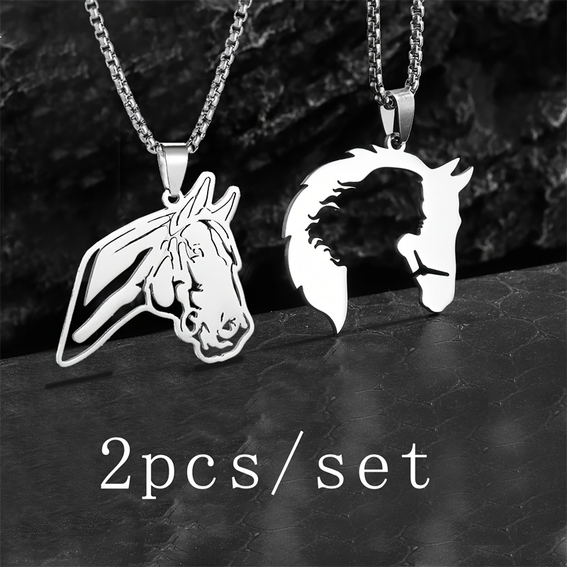 

2pcs/set Stainless Steel Fashion Simple Glossy Horse Head Animal Pendant Necklace Men And Women Fashion Casual Party Jewelry